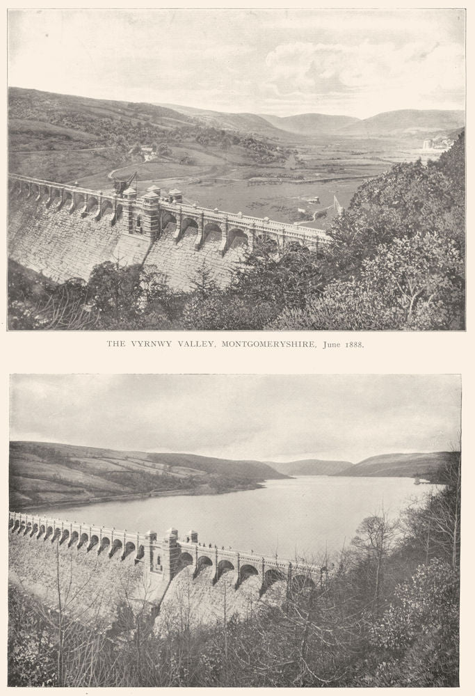 WALES. Vyrnwy valley dam, Montgomeryshire; lake, 1888 & 1889 1910 old print